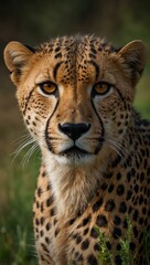 Fototapeta premium Cheetah's intense gaze through the green veil.