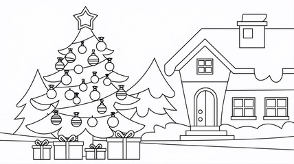 Coloring Page Outline Of cartoon Christmas tree with ornaments and gifts. Christmas. New year. Coloring book for kids
