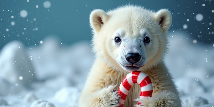 Adorable polar bear cub holding candy cane in snowy scene - Powered by Adobe