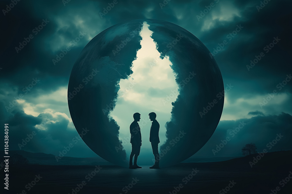 Poster two figures face each other in a surreal setting, where a globe split in half symbolizes isolation a