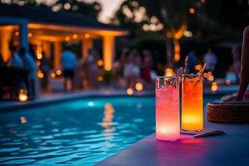 Poolside evening gathering with glowing drinks and vibrant lighting, featuring a festive summer party atmosphere