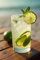 highball glass with mojito cocktail with ice and lime slices on a wooden table near a sandy beach.