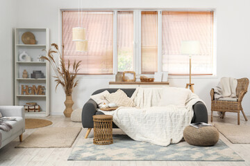 Interior of living room with sofa, shelving unit and wicker chair