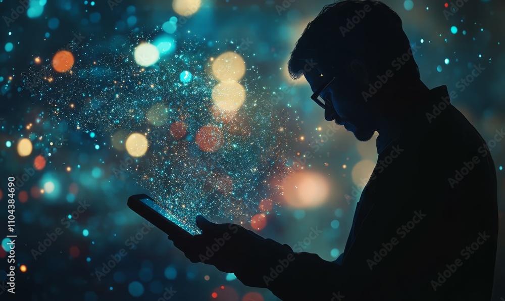Poster this image shows a man in a dim-lit setting, interacting with digital data on a tablet, represented 