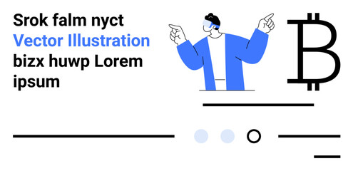 Businessperson wearing blue jacket and pointing, large Bitcoin symbol, text blocks, lines, and circles. Ideal for cryptocurrency, finance, storytelling, marketing, web design, business, landing page