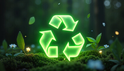 Glowing green recycling symbol in a mossy forest setting