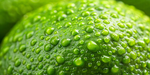 Droplets of water glisten on the surface of a fresh green lime, showcasing its vibrant hue and smooth texture. The close-up emphasizes the freshness and details of the lime