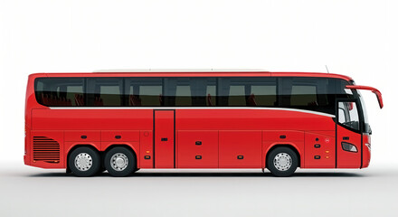 Sleek red  tour bus in profile on white background.