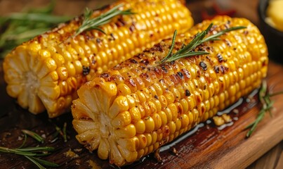 Two scrumptious roasted corn cobs garnished with rosemary and melted butter beautifully presented, captivating and appetizing for those who appreciate culinary arts