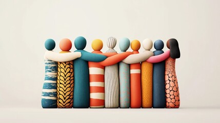 Colorful abstract human figures with various patterns standing in a row, embracing each other symbolizing unity and diversity.