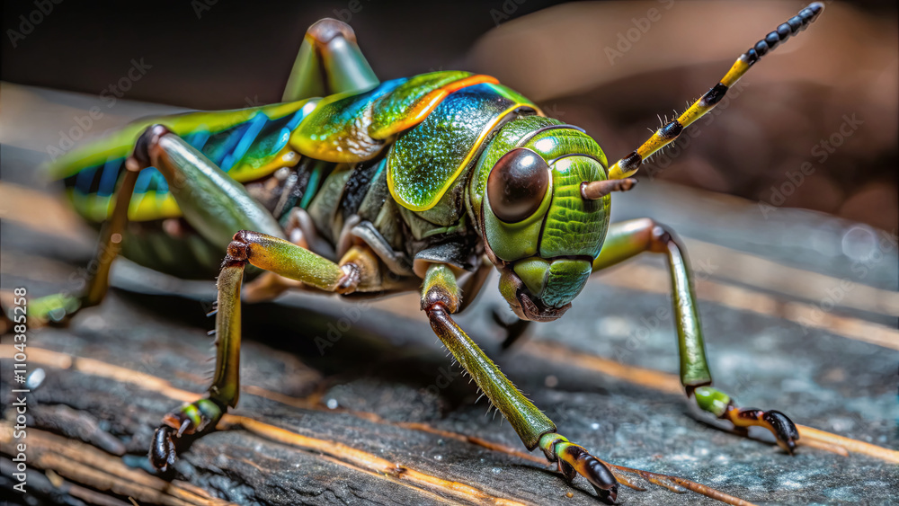 Poster a vibrant grasshopper displays intricate patterns and colors while resting on a log. its detailed fe
