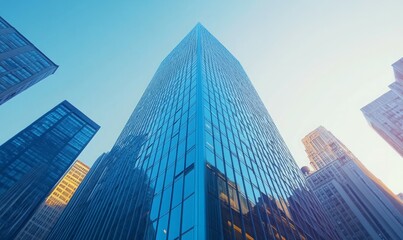 Obraz premium A tall building with a large glass window is seen in the distance