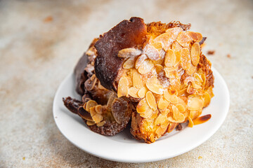 Brioche sweet almond french toast fresh tasty food dish delicious gourmet food background on the table rustic food top view copy space