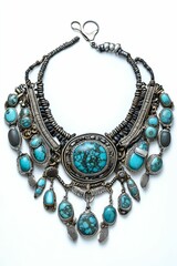 Obraz premium Ornate turquoise necklace; silver, stone accents.
