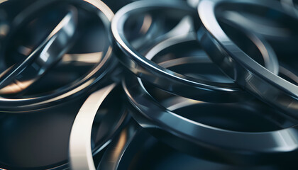 A close-up view of intertwined metallic rings showcasing a sleek, modern design with reflective surfaces and a polished finish.
