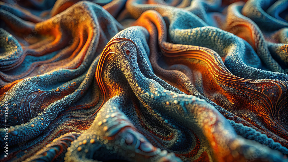 Poster Vibrant fabric with rich textures and flowing patterns displays a blend of colors resembling ocean waves. The waves of soft material invite touch and exploration, showcasing craftsmanship