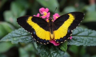 A vibrant butterfly rests on a flower, showcasing its striking yellow and black wings