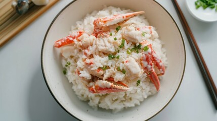 春の料理のインスピレーションとなる、きれいな白い背景のおいしいカニ飯料理