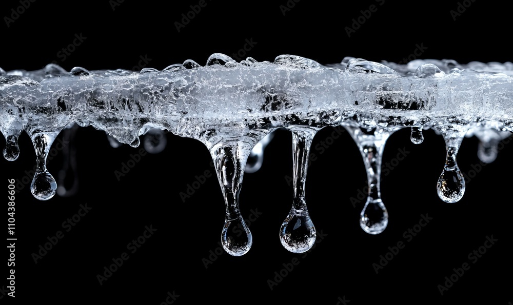 Poster a water drop falling in slow motion from the tip of an icicle, symbolizing the transition from cold 