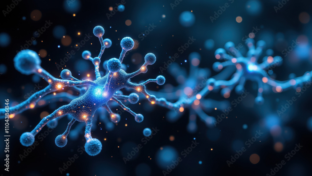 Aufkleber a microscopic view of a neuron with bright blue dendrites and synapses, illuminated with glowing par
