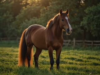 Obraz premium Chestnut horse yawning in soft evening sunlight.