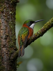 Fototapeta premium Chestnut-breasted coronet perched in a green forest.