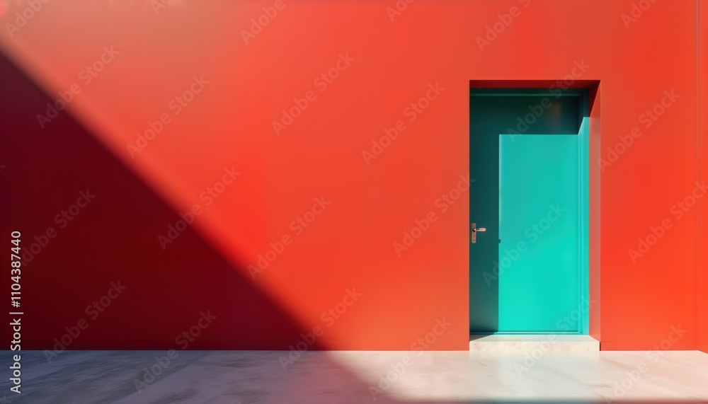 Poster modern facade with vibrant red wall, turquoise door. intriguing shadow play creates dynamic visual e