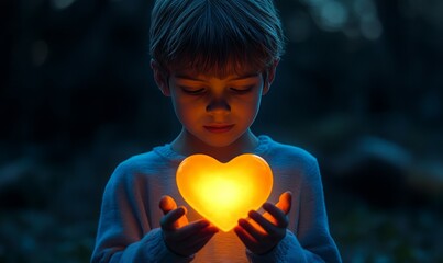 A young boy holds a glowing heart, symbolizing the love and light of Christ, representing innocence, faith, and divine love in a peaceful setting.