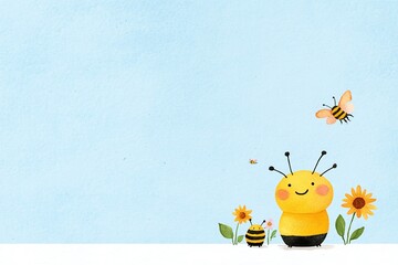 Cute bee with sunflowers, cheerful watercolor illustration, blue sky background, minimalistic design, whimsical nature theme, playful and vibrant scene, copy space for text

