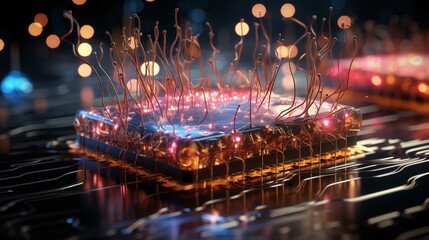 Human brain connected via Neuralink chip with numerous wires.