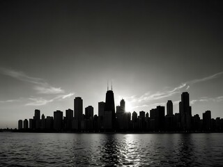 Fototapeta premium Chicago skyline silhouette at sunset in black-and-white photography.