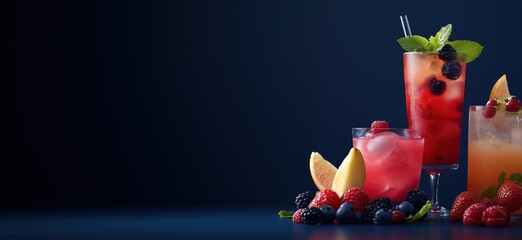 Colorful cocktails with fresh fruits, vibrant drinks including raspberries, blueberries, mint leaves, and citrus slices, dark background