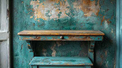 A rustic wooden table against a weathered, textured wall, showcasing vintage charm.