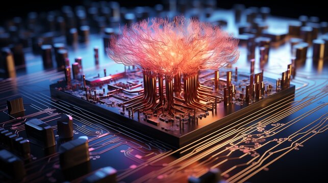 Human brain connected via Neuralink chip with numerous wires.