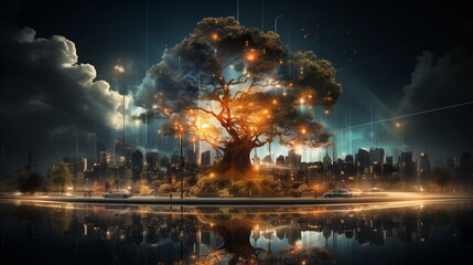 Obraz premium Illuminated tree in a digital cityscape, illustrating tech growth.