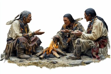Three figures, fire, Native American attire, storytelling.