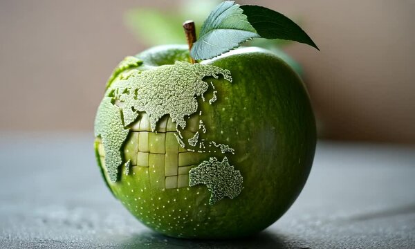 A green apple carved to resemble a globe, symbolizing sustainability and environmental awareness.