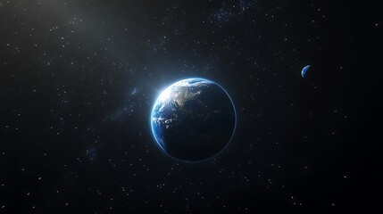 Fototapeta premium A blue Earth with sun rays shining on it against space planet