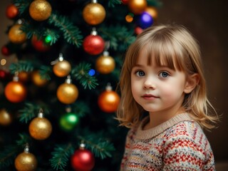 Child with bright eyes near colorful Christmas tree.