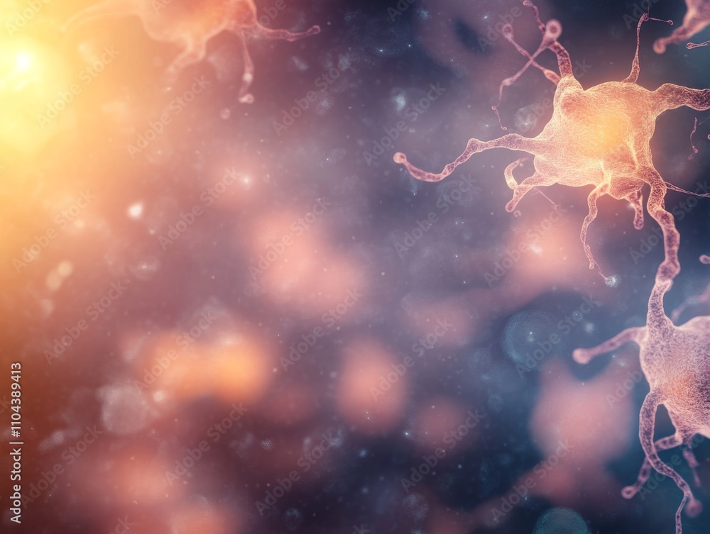 Poster This close-up illustration showcases interconnected nerve cells, emphasizing the intricate structure of the human nervous system set against a dark backdrop with ample copy space