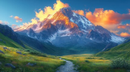 Majestic mountain peak at sunrise, path leads to summit.