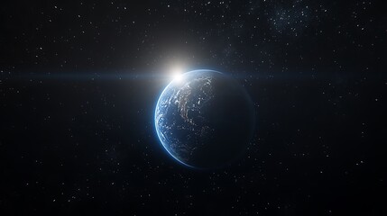 A blue Earth with sun rays shining on it against space planet