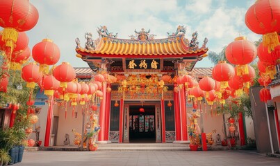 Fototapeta premium Beautifully decorated temple entrance for chinese new year celebrations with lanterns and banners