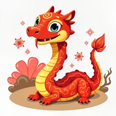 Fototapeta premium Cute red, yellow dragon design illustration for Lunar New Year 2025. Cartoon animal illustration with happy expression. Traditional Chinese symbol. Suitable for print media like posters cards,