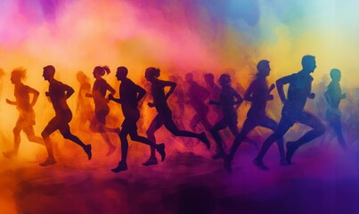 Silhouetted runners dash through a vibrant mist, capturing motion and energy, combining artistry with athletics in a dynamic and colorful representation