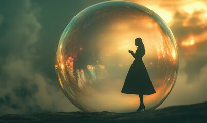 Woman inside a big soap bubble, introvert, loner, living in solitude, recluse.