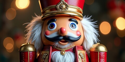 Festive nutcracker soldier with red hat against bokeh lights