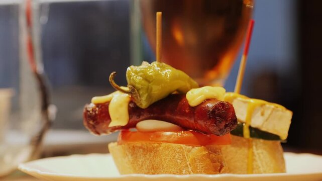 Italian or Spanish restaurant with traditional tapas pinchos food, Spanish cuisine, delicious tapas and cheese plate, bruschetta with cheese, olives dry tomatoes tasty sandwich bar appetizer, buffet