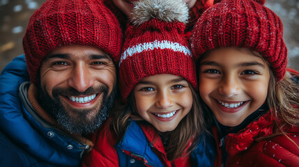 A family dressed in red, white, and blue, taking a group photo after voting together.