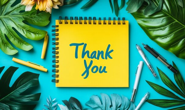 "Thank You" message on a yellow notepad surrounded by pens and plants